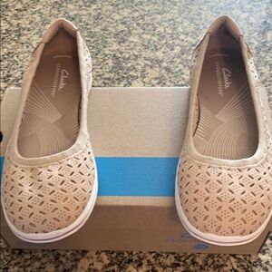Clarks Tan Flats with Perforated Design